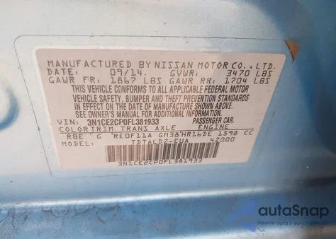 2015 Nissan Versa Note S (Sr)/S Plus/Sl/Sr/Sv z USA, uszkodzony, nr VIN 3N1CE2CP0FL381933